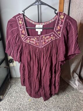 Knox Rose Mauve Embroidered Square-Neck Peasant Blouse